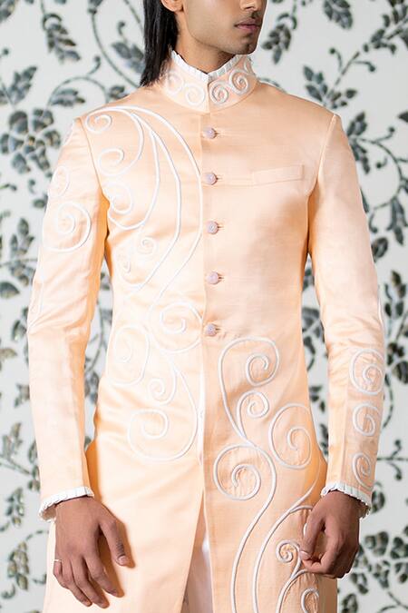 Rohit Kamra Jaipur_Peach Linen Silk Embroidered Sherwani  _Online_at_Aza_Fashions