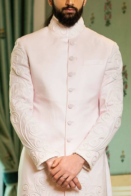 Rohit Kamra Jaipur_Pink Linen Silk Embroidered Sherwani  _Online_at_Aza_Fashions