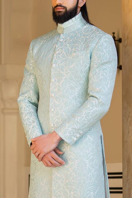 Rohit Kamra Jaipur_Blue Embossed Sherwani  _Online_at_Aza_Fashions