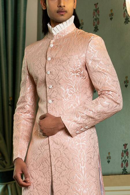 Rohit Kamra Jaipur_Pink Jacquard Floral Motif Sherwani _Online_at_Aza_Fashions