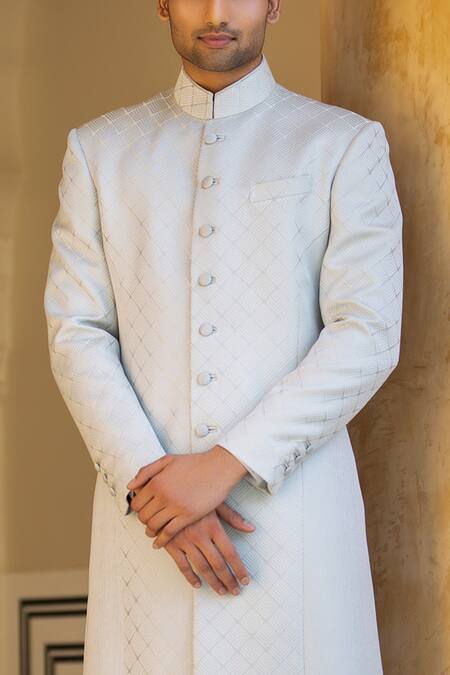 Rohit Kamra Jaipur_Blue Jacquard Checkered Sherwani _Online_at_Aza_Fashions