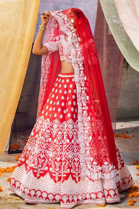 Riantas Red Raw Silk, Net Sweetheart Neck Embroidered Bridal Lehenga Set Online at Aza Fashions Riantas_Red Raw Silk, Net Sweetheart Neck Embroidered Bridal Lehenga Set _Online_at_Aza_Fashions