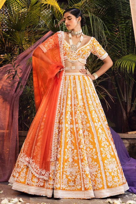 Riantas_Yellow Raw Silk Embroidery Sweetheart Neck Bridal Lehenga Set  _Online_at_Aza_Fashions