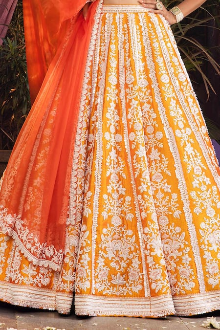 Shop_Riantas_Yellow Raw Silk Embroidery Sweetheart Neck Bridal Lehenga Set  _Online_at_Aza_Fashions