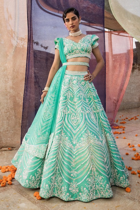 Buy Green Organza Embroidered Floral Jaal Pattern V Bridal Lehenga Set For  Women by Nitika Gujral Online at Aza Fashions.