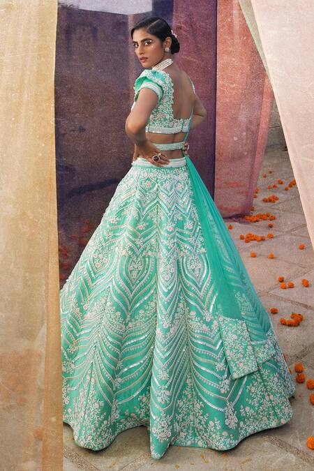 Buy_Riantas_Green Raw Silk Embroidery V Neck Bridal Lehenga Set  _Online_at_Aza_Fashions