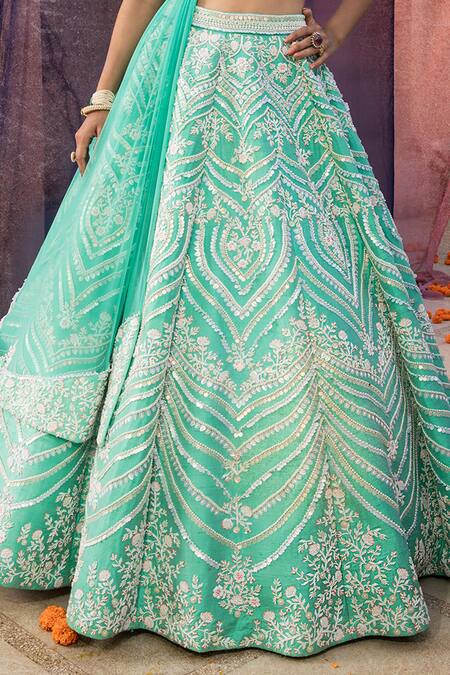 Shop_Riantas_Green Raw Silk Embroidery V Neck Bridal Lehenga Set  _Online_at_Aza_Fashions