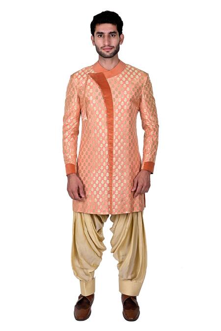 Shop_Rohit Kamra Jaipur_Peach Silk Brocade Bandhgala Set _at_Aza_Fashions