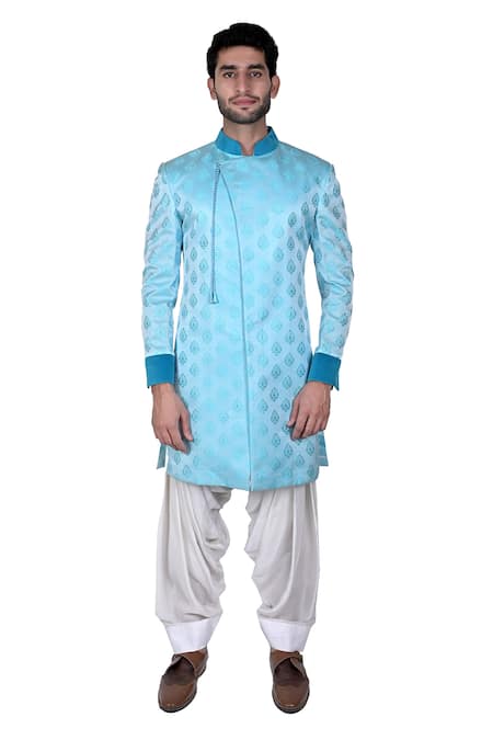 Shop Rohit Kamra Jaipur Blue Silk Brocade Bandhgala Set at Aza Fashions Shop_Rohit Kamra Jaipur_Blue Silk Brocade Bandhgala Set _at_Aza_Fashions