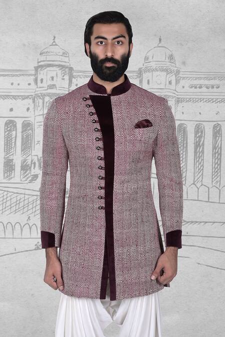 Rohit Kamra Jaipur_Maroon Matka Silk Embroidered Bandhgala Set _Online_at_Aza_Fashions