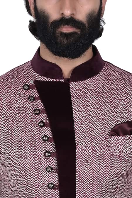 Shop_Rohit Kamra Jaipur_Maroon Matka Silk Embroidered Bandhgala Set _Online_at_Aza_Fashions