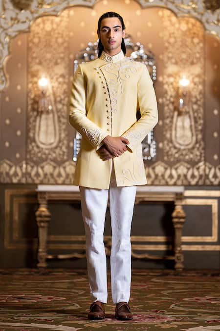 Shop_Rohit Kamra Jaipur_Yellow Linen Silk Overlap Bandhgala _at_Aza_Fashions