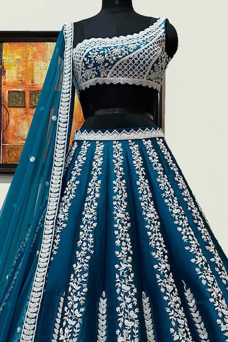 Riantas_Blue Pure Silk Lining Chroma Embroidery Pearl One Bridal Lehenga Set  _Online_at_Aza_Fashions