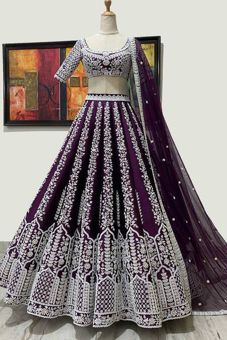 Riantas_Purple Pure Silk Lining Chroma Embroidery Pearl Bridal Lehenga Set  _Online_at_Aza_Fashions
