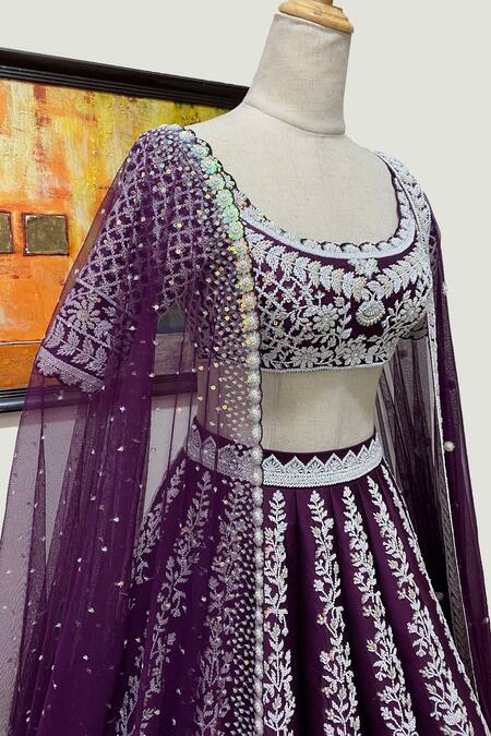 Shop_Riantas_Purple Pure Silk Lining Chroma Embroidery Pearl Bridal Lehenga Set  _Online_at_Aza_Fashions