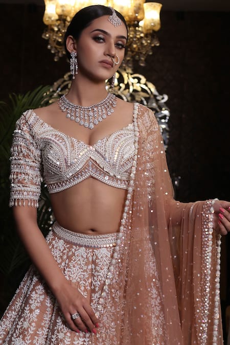 Riantas_Brown Pure Silk Lining Chroma Embroidery Pearl V Bridal Lehenga Set  _at_Aza_Fashions