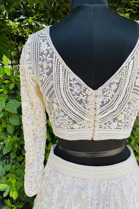 Riantas_White Net Lining Chroma Pearl, Cutdana And Embroidered Bridal Lehenga Set _Online_at_Aza_Fashions