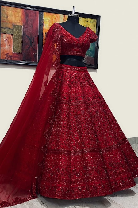 Shop_Riantas_Red Pure And Organza Lining Chroma Pearl, Cutdana & Bridal Lehenga Set _Online_at_Aza_Fashions