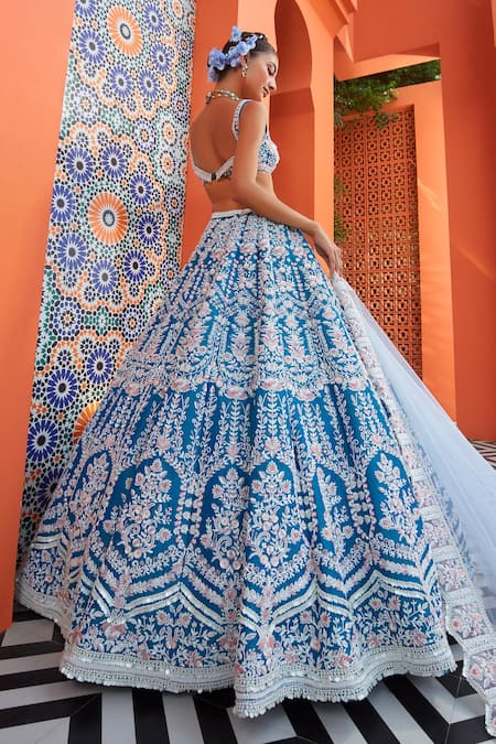 Shop_Riantas_Blue Lehenga And Blouse Raw Silk Embroidery Floral Peony Bridal Set  _at_Aza_Fashions