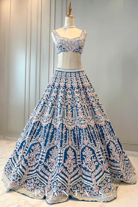 Buy_Riantas_Blue Lehenga And Blouse Raw Silk Embroidery Floral Peony Bridal Set  _Online_at_Aza_Fashions