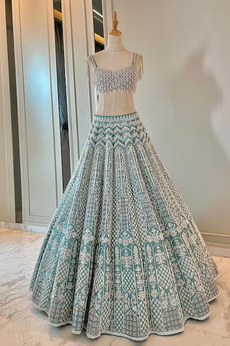 Buy_Riantas_Blue Lehenga And Blouse Taffeta Embroidery Camellia Bridal Set  _Online_at_Aza_Fashions