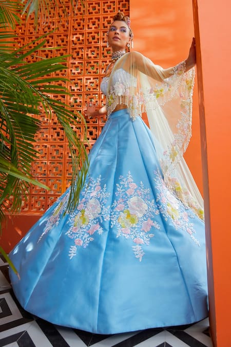 Riantas Blue Lehenga And Blouse Taffeta Embroidery Tiffany Rose Bridal Set 