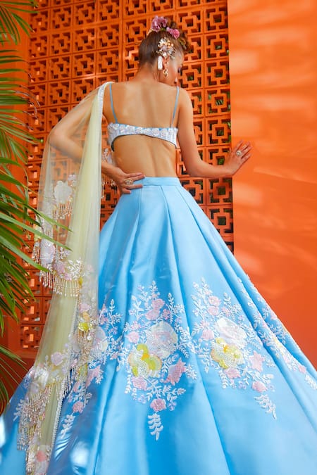 Shop_Riantas_Blue Dupatta Net, Lehenga And Blouse Tiffany Rose Embroidered Bridal Set _at_Aza_Fashions