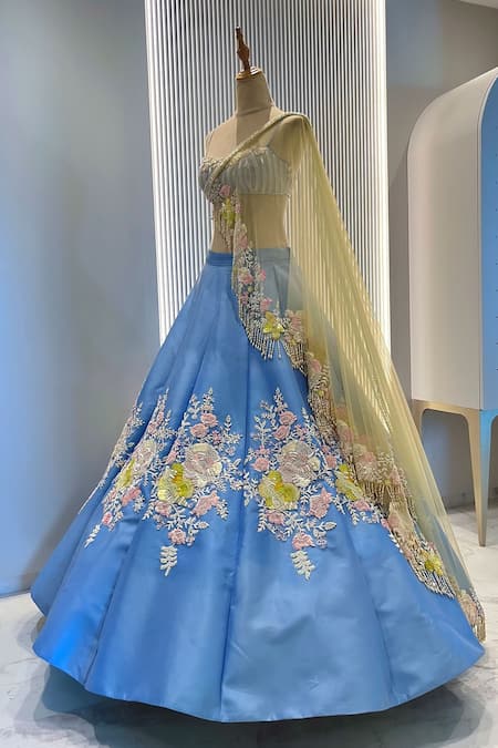 Shop_Riantas_Blue Dupatta Net, Lehenga And Blouse Tiffany Rose Embroidered Bridal Set _Online_at_Aza_Fashions