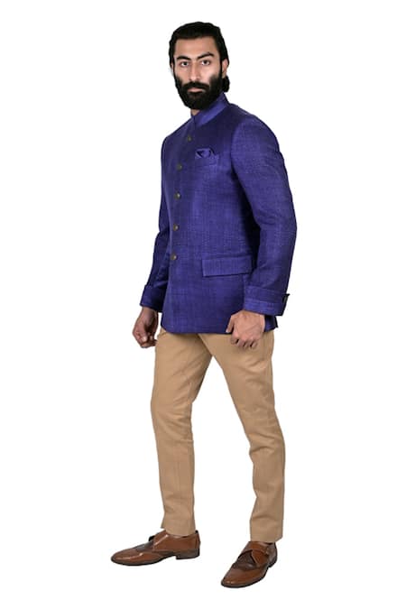 Shop_Rohit Kamra Jaipur_Blue Matka Silk Bandhgala _at_Aza_Fashions