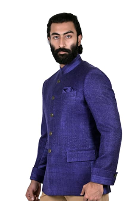 Rohit Kamra Jaipur_Blue Matka Silk Bandhgala _Online_at_Aza_Fashions