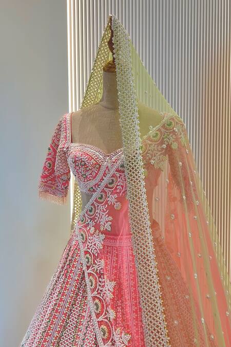 Riantas_Coral Net, Blouse And Lehenga Raw Silk, Dupattas Jasmine Embroidered Bridal Set _Online_at_Aza_Fashions