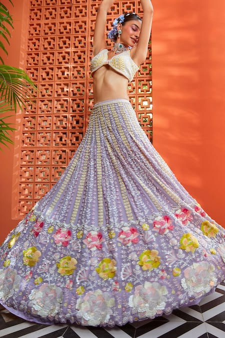 Riantas_Purple Blouse Raw Silk, Dupatta Net, Lehenga Daisy Embroidered Bridal Set _Online_at_Aza_Fashions
