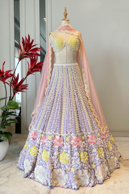 Buy_Riantas_Purple Blouse Raw Silk, Dupatta Net, Lehenga Daisy Embroidered Bridal Set _Online_at_Aza_Fashions