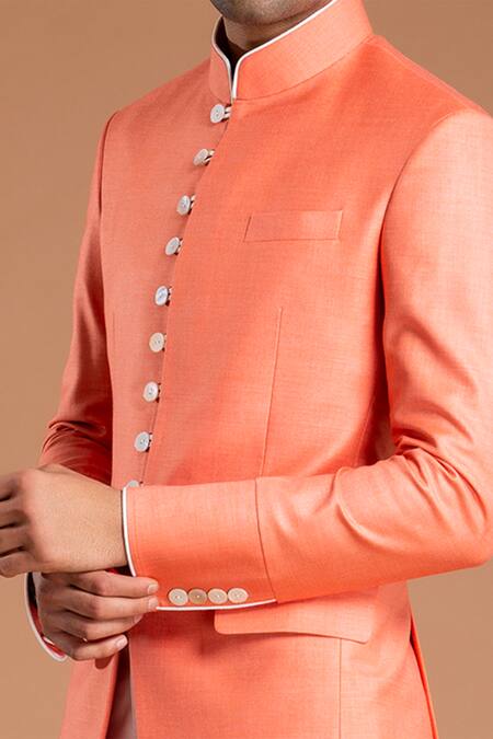 Rohit Kamra Jaipur_Peach Linen Bandhgala _Online_at_Aza_Fashions