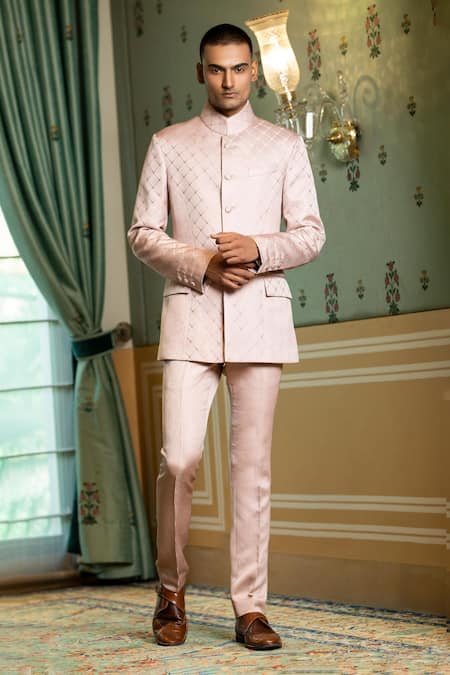 Shop_Rohit Kamra Jaipur_Pink Embossed Bandhgala _at_Aza_Fashions