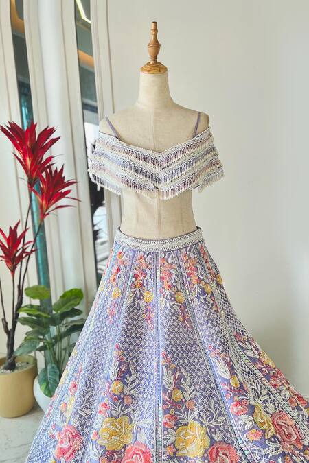 Riantas_Purple Raw Silk Floral One Shoulder Magnolia Embroidered Lehenga With Blouse _Online_at_Aza_Fashions