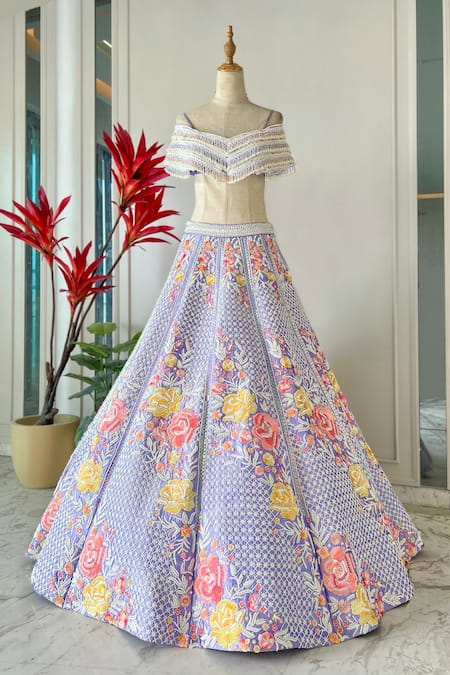 Buy_Riantas_Purple Raw Silk Floral One Shoulder Magnolia Embroidered Lehenga With Blouse _Online_at_Aza_Fashions