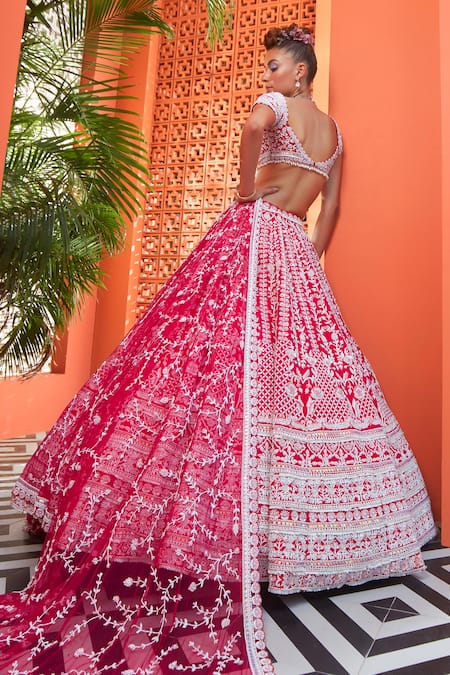 Riantas_Pink Raw Silk, Net Floral Square Neck Primrose Embroidered Bridal Lehenga Set _Online_at_Aza_Fashions