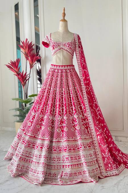 Buy_Riantas_Pink Raw Silk, Net Floral Square Neck Primrose Embroidered Bridal Lehenga Set _Online_at_Aza_Fashions