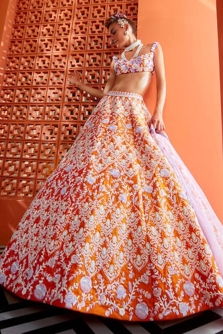 Riantas_Orange Blouse And Lehenga Raw Silk, Dupatta Marigold Embroidered Bridal Set _Online_at_Aza_Fashions