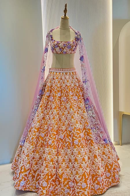Buy_Riantas_Orange Blouse And Lehenga Raw Silk, Dupatta Marigold Embroidered Bridal Set _Online_at_Aza_Fashions