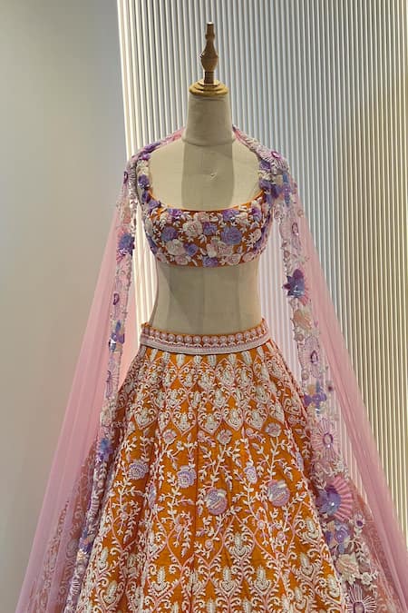 Shop_Riantas_Orange Blouse And Lehenga Raw Silk, Dupatta Marigold Embroidered Bridal Set _Online_at_Aza_Fashions