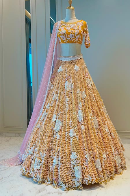 Shop_Riantas_Orange Net Floral Round Embroidered Bridal Lehenga Set _at_Aza_Fashions