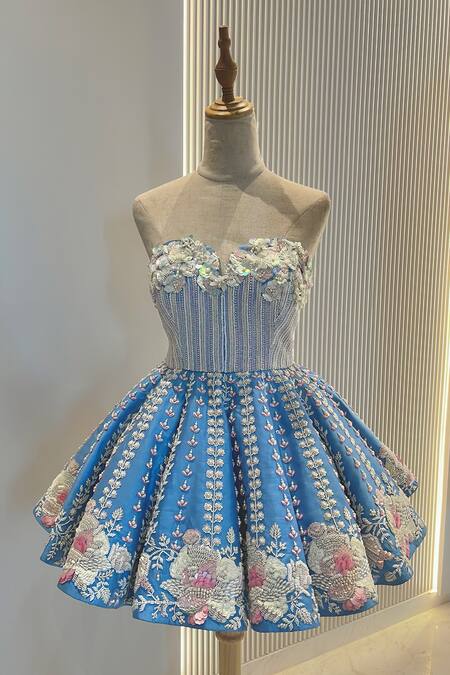 Shop_Riantas_Blue Taffeta Embroidery Floral Sweetheart Neck Reva Dress _at_Aza_Fashions