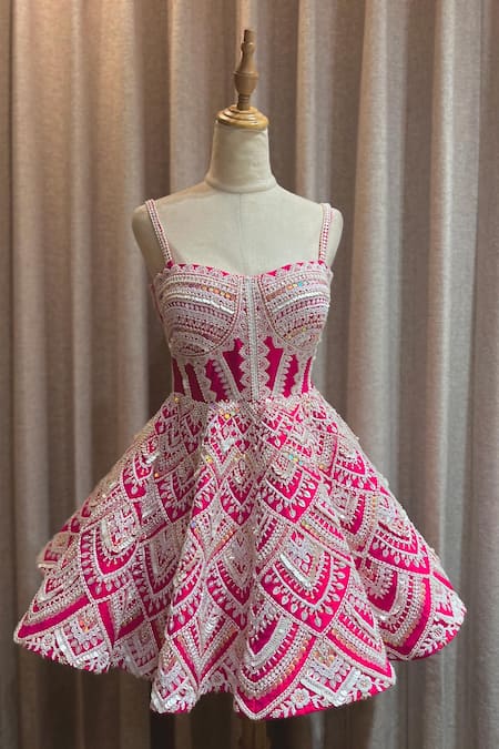 Riantas Pink Raw Silk Embroidery Geometric Sweetheart Neck Ariel Dress 