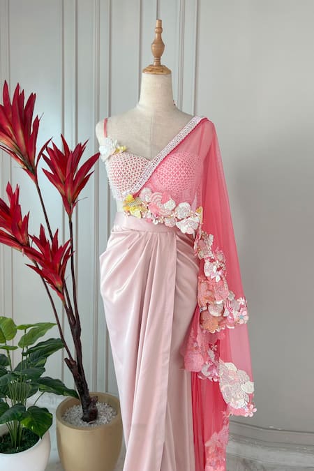 Riantas Coral Drape Tulle, Skirt And Top Dutch Satin Sweetheart Neck Tulip Set Online at Aza Fashions Riantas_Coral Drape Tulle, Skirt And Top Dutch Satin Sweetheart Neck Tulip Set _Online_at_Aza_Fashions