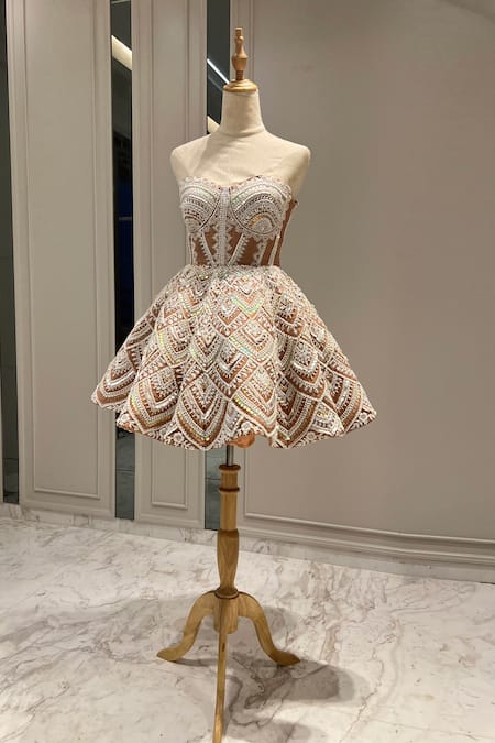 Riantas Beige Raw Silk Embroidery Geometric Sweetheart Neck Ariel Dress 