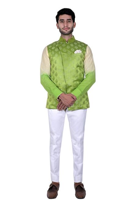 Rohit Kamra Jaipur Green Silk Brocade Nehru Jacket Online at Aza Fashions Rohit Kamra Jaipur_Green Silk Brocade Nehru Jacket _Online_at_Aza_Fashions