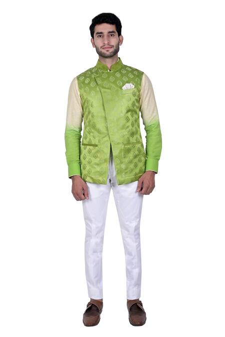 Shop_Rohit Kamra Jaipur_Green Silk Brocade Nehru Jacket  _Online_at_Aza_Fashions