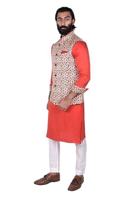 Rohit Kamra Jaipur_Beige Linen Printed Nehru Jacket  _Online_at_Aza_Fashions